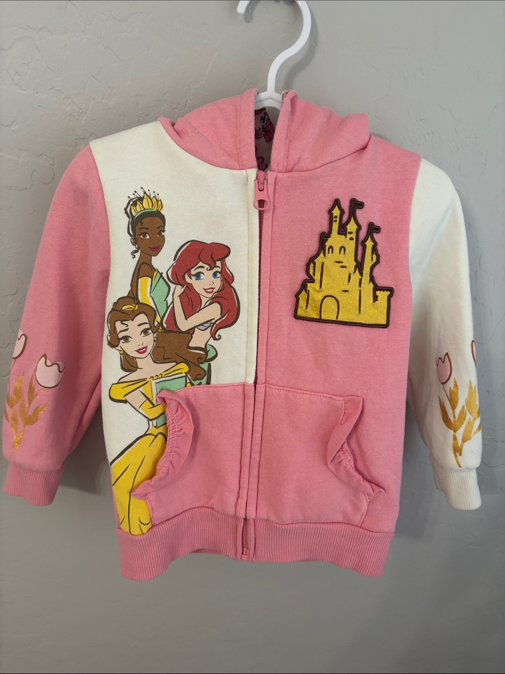 Disney Pink and White Princess Hooded Zip-Up Sweatshirt with Yellow Castle